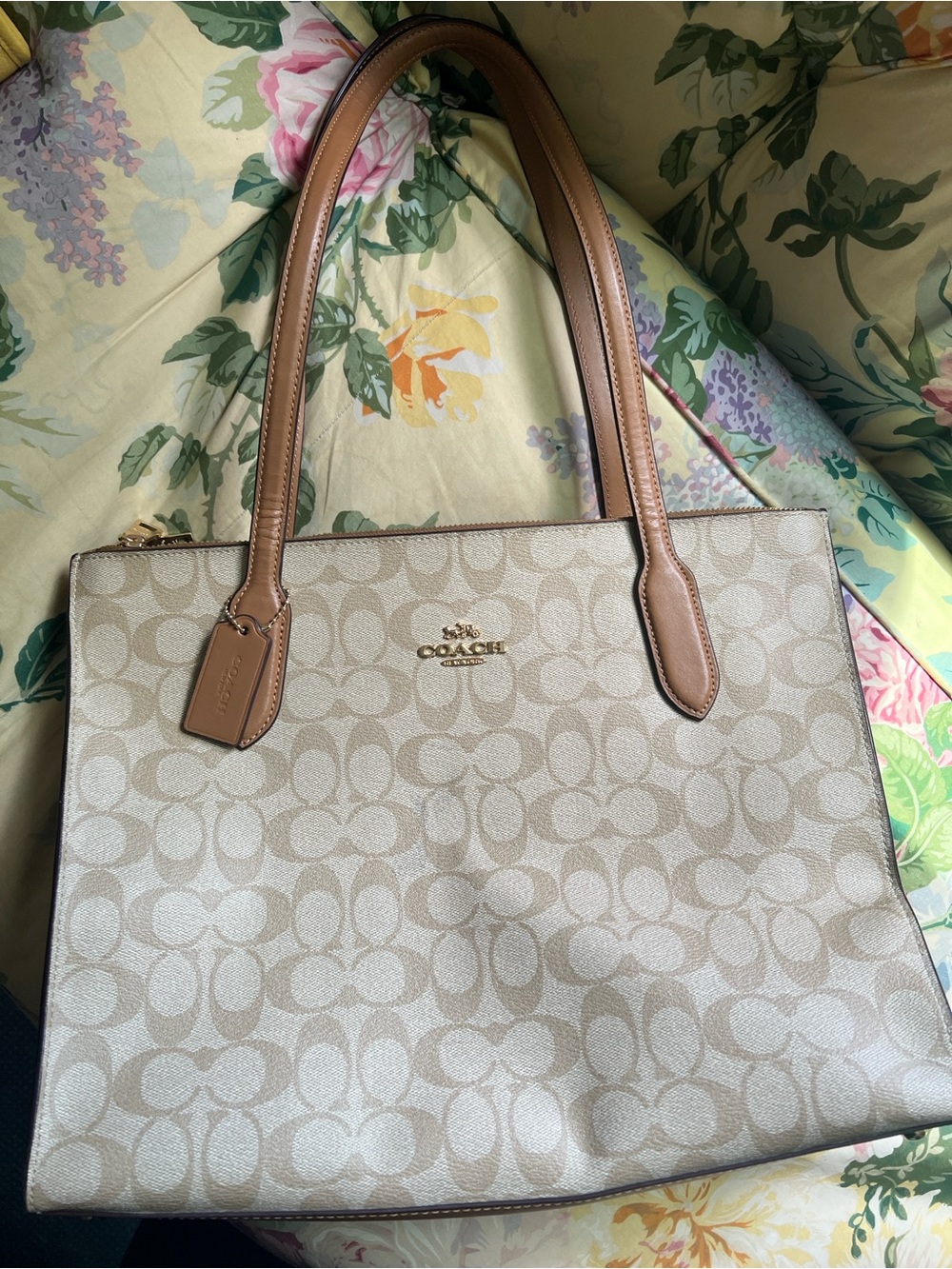 Coach Beige Signature Canvas Tote with Tan Leather Handles
